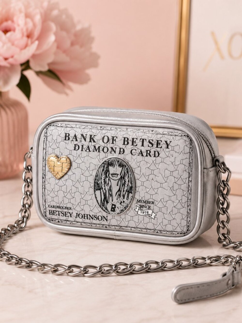 Betsey Johnson Bank of Betsey Diamond Card Crossbody Bag Silver NWT